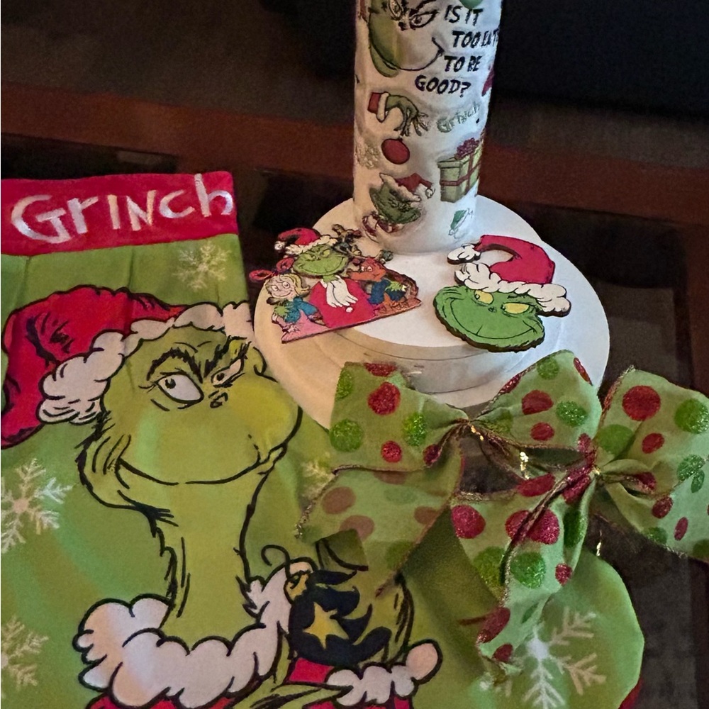 Hand Crafted Grinch Tumbler With Stocking Ornaments & Bows